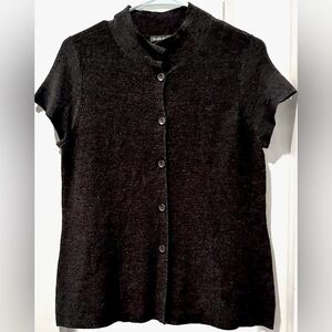 Eileen Fisher Short Sleeve Mock Neck Extra Fine Merino Wool Button Up Cardigan